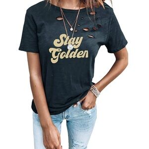 Black 'Stay Golden' Distressed T-Shirt- Med- NWOT